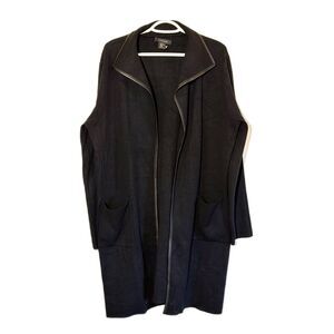 Tahari Thick Long Knit Sweater Jacket Vegan Leather Trim no belt Sz XL